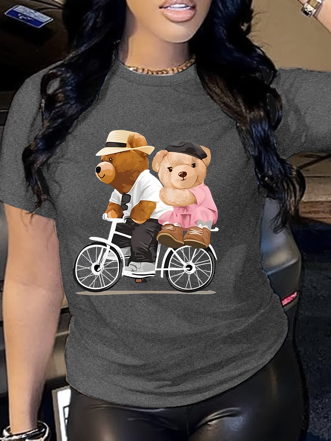 Teddy Bear Print T-shirt, Short Sleeve Crew Neck Casual Top For Summer & Spring, Women's Clothing