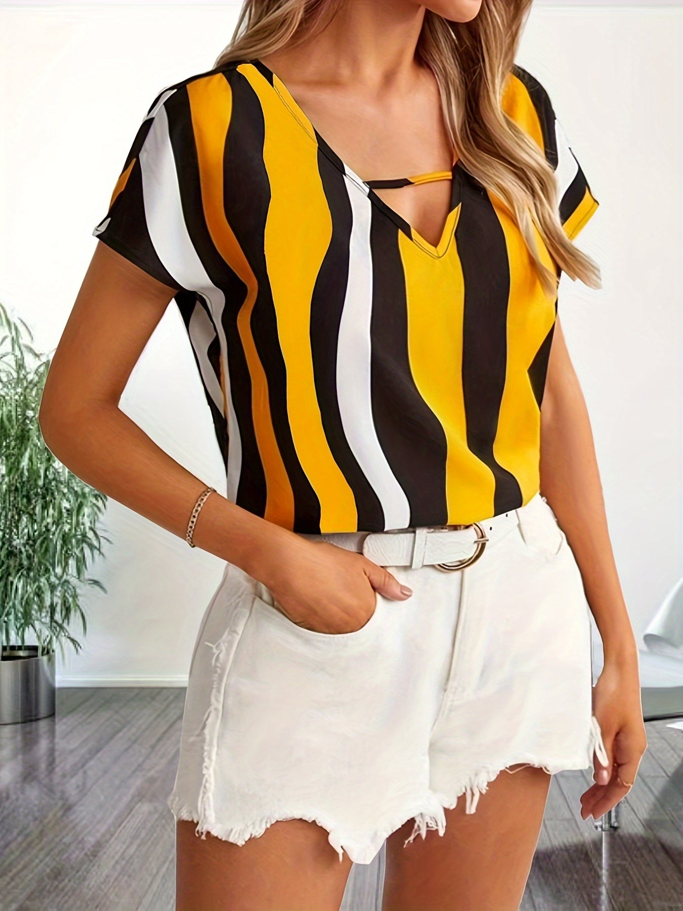 Color Block Striped V Neck Blouse, Elegant Short Sleeve Blouse For Spring & Summer, Women's Clothing