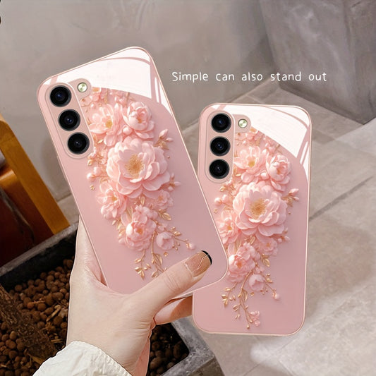 Pink Flower Glass Phone Case For SamSung For Galaxy Series - Compatible with s24/s24 plus/s24 ultra, s23/s23 plus/s23 ultra, s22/s22 plus/s22 ultra, s21/s21 plus/s21 ultra/s21 fe, s20/s20 plus/s20 ultra, A 03/a 04/a 13/a 14/a