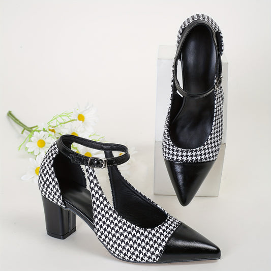 Women's Houndstooth Pattern Shoes, Ankle Buckle Strap Chunky Heel Soft Sole Shoes, Elegant Point Toe Dress Shoes