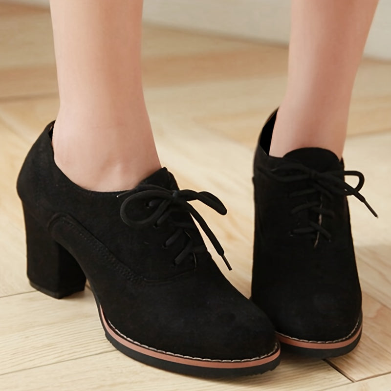 Women's Lace Up Pumps, Solid Color Round Toe Chunky Heels, Comfy All-Match Office Shoes