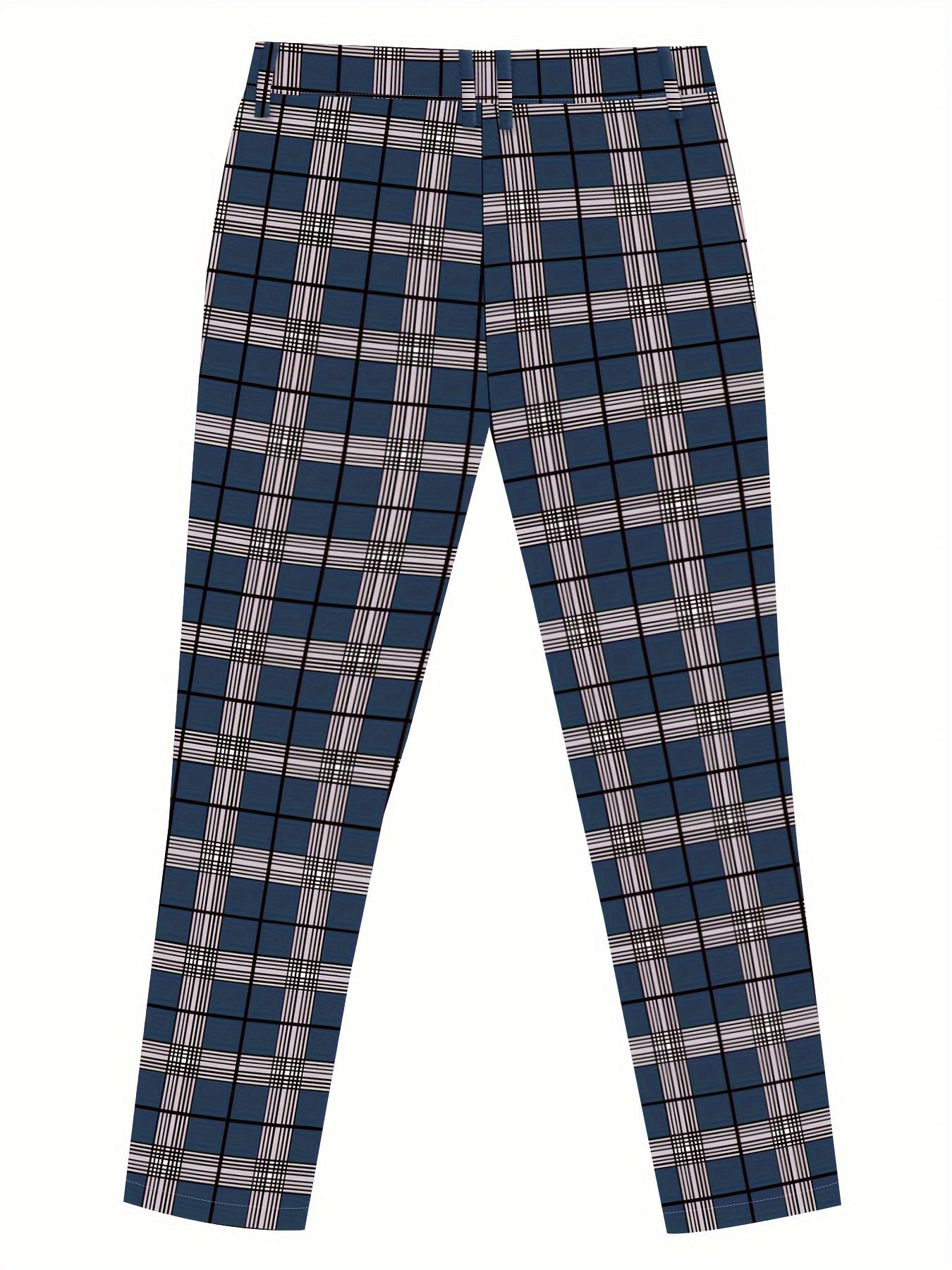 Men's Vintage Fashion, Plaid Pattern Slim Fit Cuffed And Knit Dress Pants, Mid Stretch Trousers For Business, Formal Party And Casual Wear