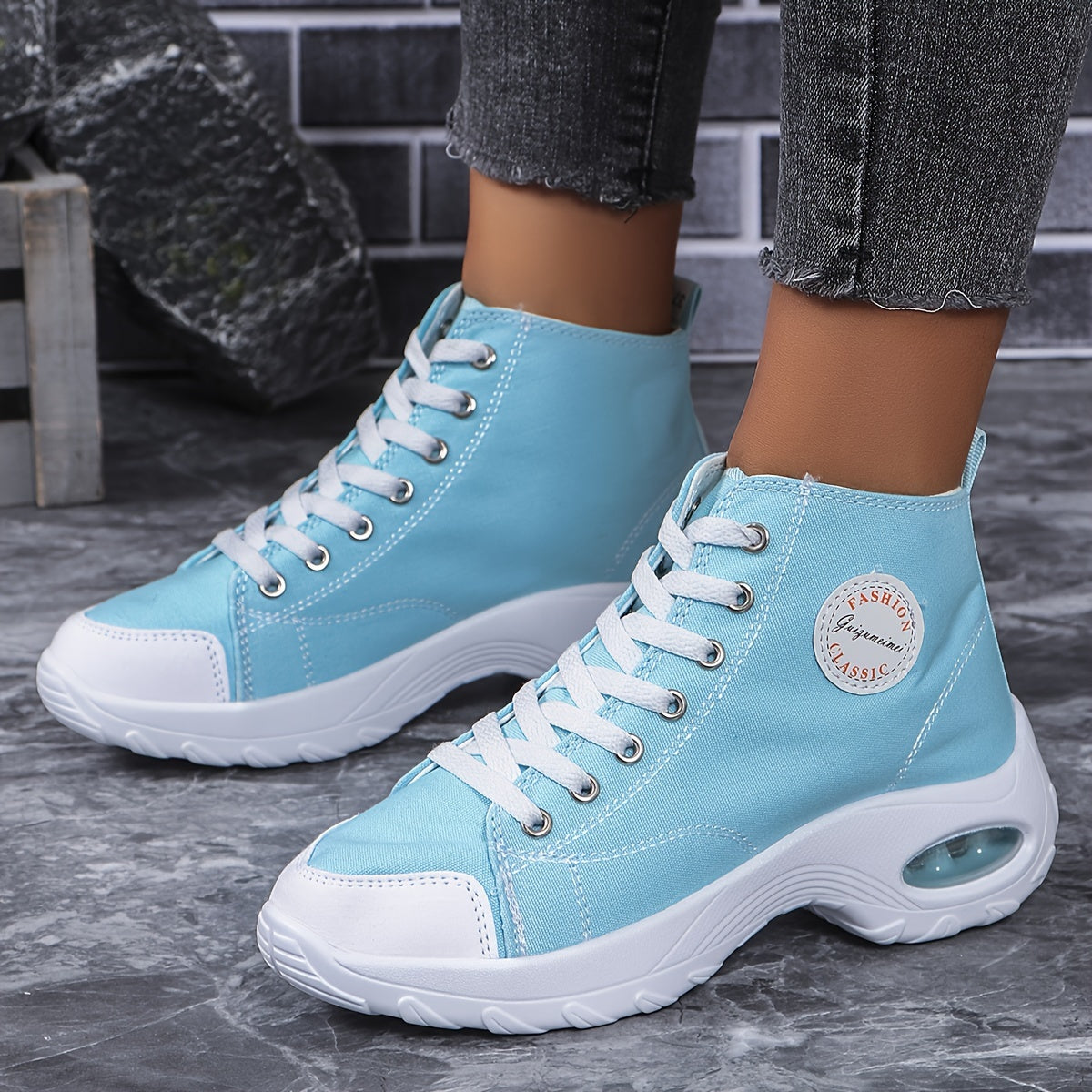 Women's Chunky Heel Canvas Shoes, Fashion Lace Up Outdoor Shoes, Comfortable Air Cushion Shoes