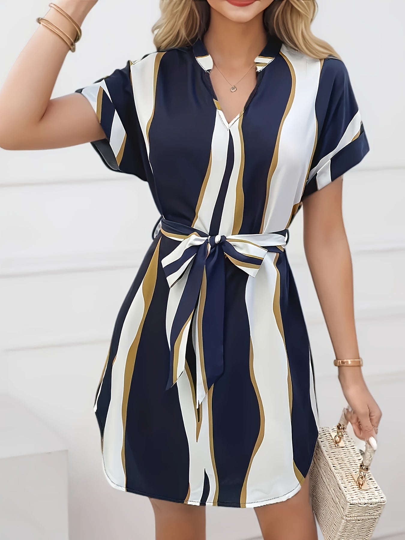 Striped V-neck Dress, Casual Short Sleeve Tie Waist Curved Hem Mini Dress For Spring & Summer, Women's Clothing