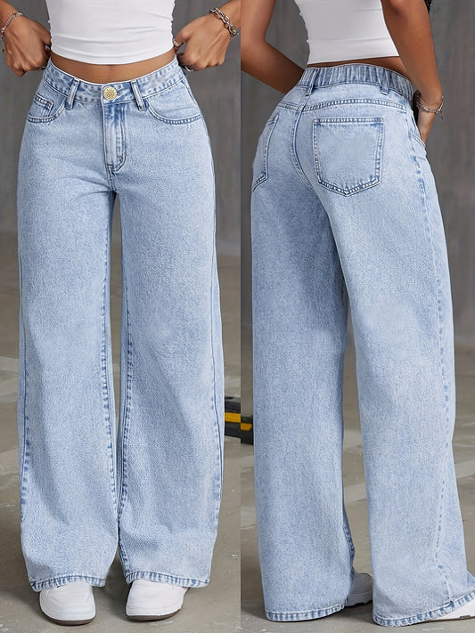 Plain Loose Fit Washed Blue Casual Basic Style Denim Pants, Women's Denim Jeans & Clothing