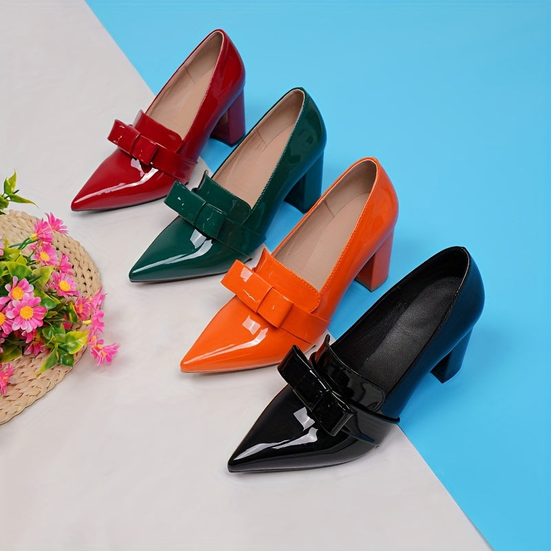 Women's Solid Color Bowknot Decor Block Heels, Elegant Point Toe Dress Pumps, Fashion Slip On Heels Koningsdag/King's Day