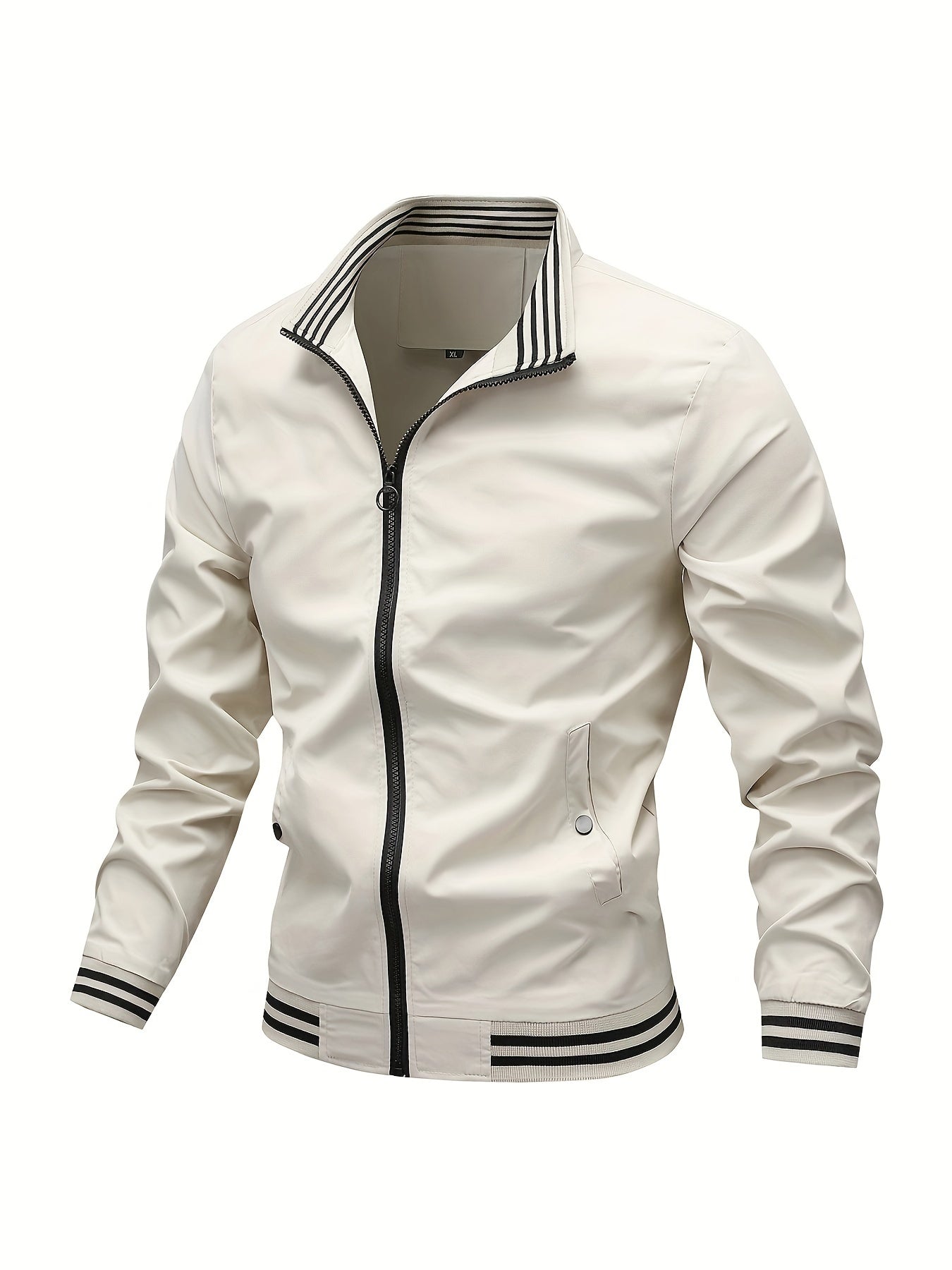 Men's Striped Jacket With Pockets, Casual Stand Collar Zip Up Long Sleeve Outwear For Outdoor