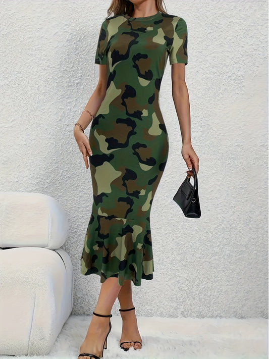 Camouflage Print Crew Neck Tank Dress, Casual Fishtail Hem Sleeveless Midi Dress For Spring & Summer, Women's Clothing