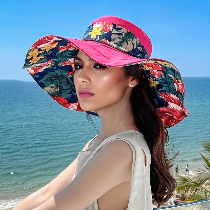 Women's Summer Beach Hat with Extra Large Brim, Outdoor Vacation Travel Hiking Foldable Sun Hat, Korean Version UV Protection Sunshade Cap, Elegant with Gift Ribbon and Windproof Rope