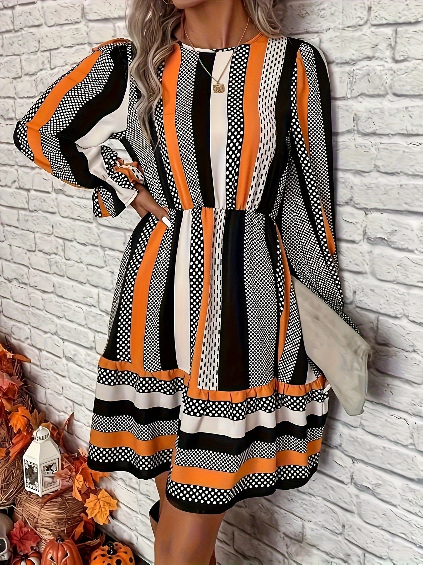 Striped Crew Neck Dress, Elegant Long Sleeve Dress For Spring & Fall, Women's Clothing