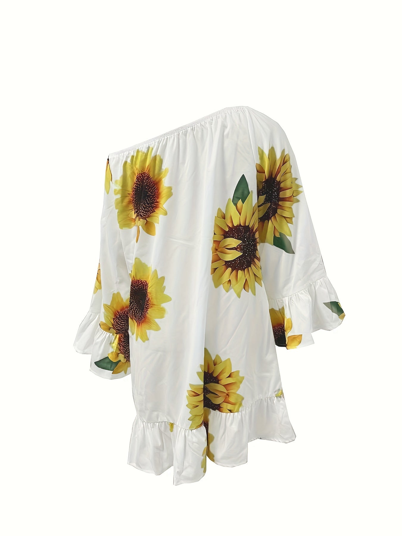 Sunflower Print Ruffle Trim Dress, Off-shoulder Flared Sleeve Dress For Spring & Summer, Women's Clothing