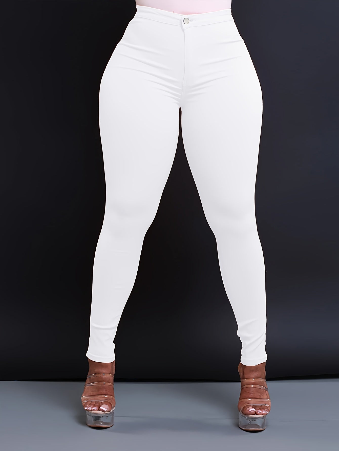 Women's New Fashion Solid Color Skinny-Fit Jeans, Basic Style, Stretch Denim, Casual And Versatile, High-Waist Design With Zipper Button Closure