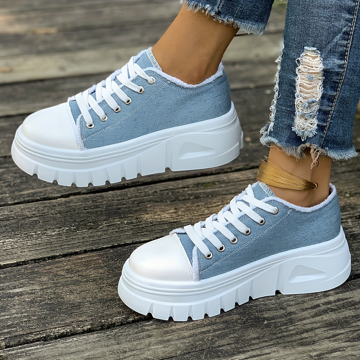 Chunky Platform Sneakers for Women: Casual, Low Top, Lace Up, Rubber Soles, Denim Fabric, Perfect for Fall 2024