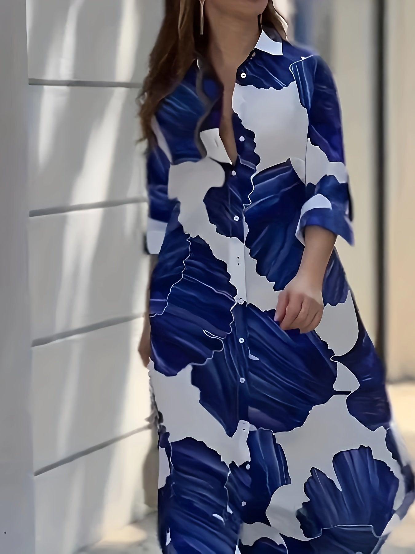 Abstract Print Button Front Shirt Dress, Elegant 3/4 Sleeve Maxi Dress For Spring & Fall, Women's Clothing