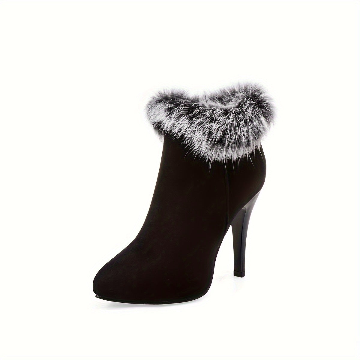 Women's Fluffy Stiletto Ankle Boots, Sexy Plush Lined Thermal Thin High Heels, Christmas Style Side Zipper Short Boots