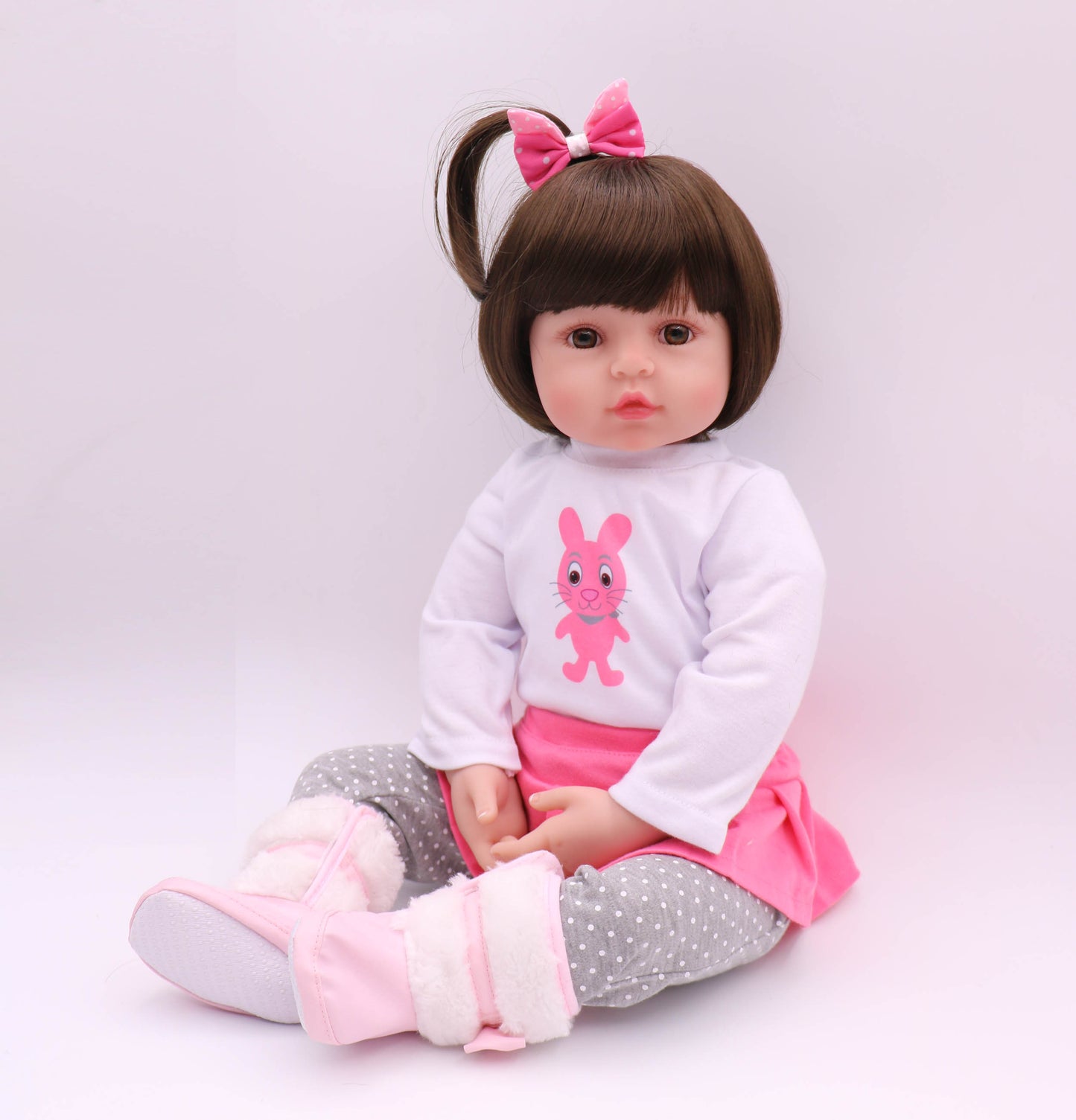 Adorable 19 Soft Vinyl Reborn Baby Doll with Glued Hairwig and Pink Rabbit Outfit, Halloween/Thanksgiving Day/Christmas Gift Carnival Easter Gift