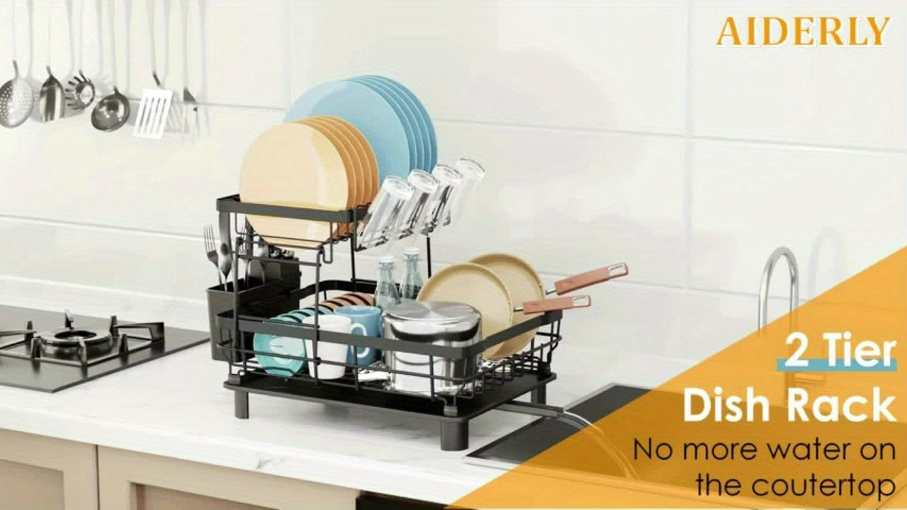 2-layer bowl and dish drying rack suitable for kitchen counter metal bowl and dish drain with knife cup tableware rack