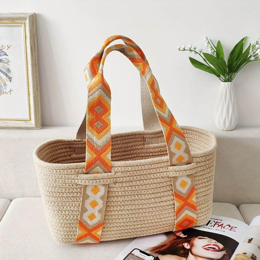 Boho Chic Handwoven Cotton Tote Bag for Women - Casual, Solid Khaki with Fixed Shoulder Strap, Open Top