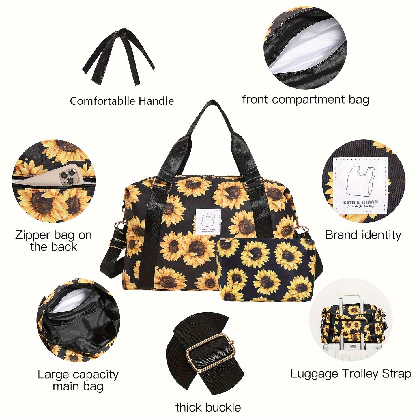 1pc/2pcs Sunflower Graphic Duffle Bag, Sports Fitness Gym Yoga Tote, Weekender Overnight Bag & Luggage Suitcase Organizer