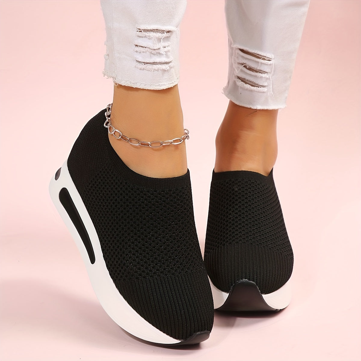 Women's Platform Sock Sneakers, Breathable Knitted Height Increasing Trainers, Casual Slip On Walking Shoes