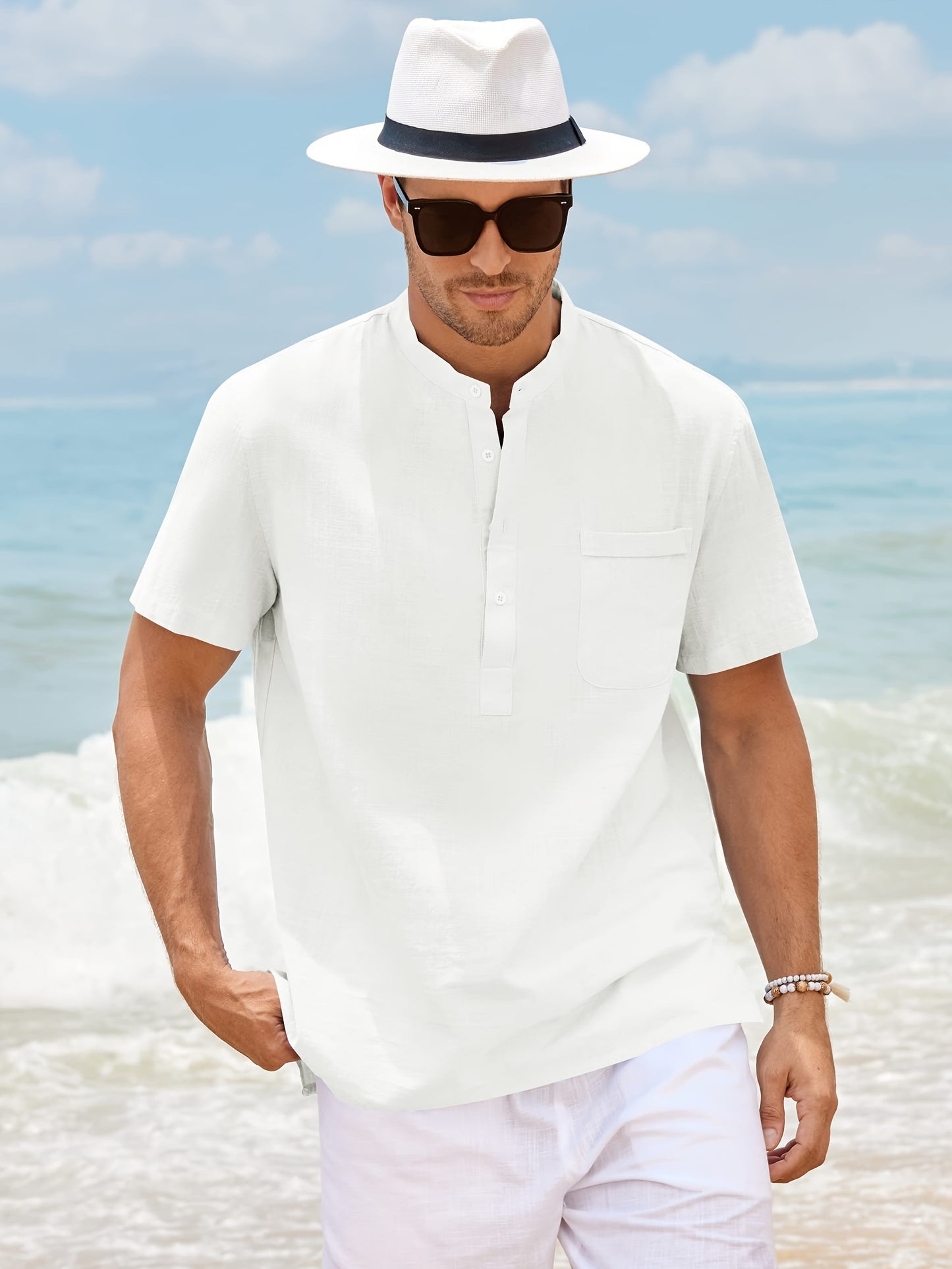 Men's Linen Henry Shirt, Loose Short-sleeve T-shirt For Summer Beach, Buttoned Lightweight Casual Top