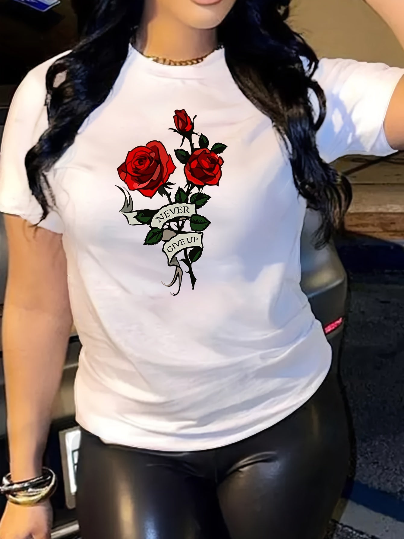 Roses Print Crew Neck T-Shirt, Casual Short Sleeve T-Shirt For Spring & Summer, Women's Clothing