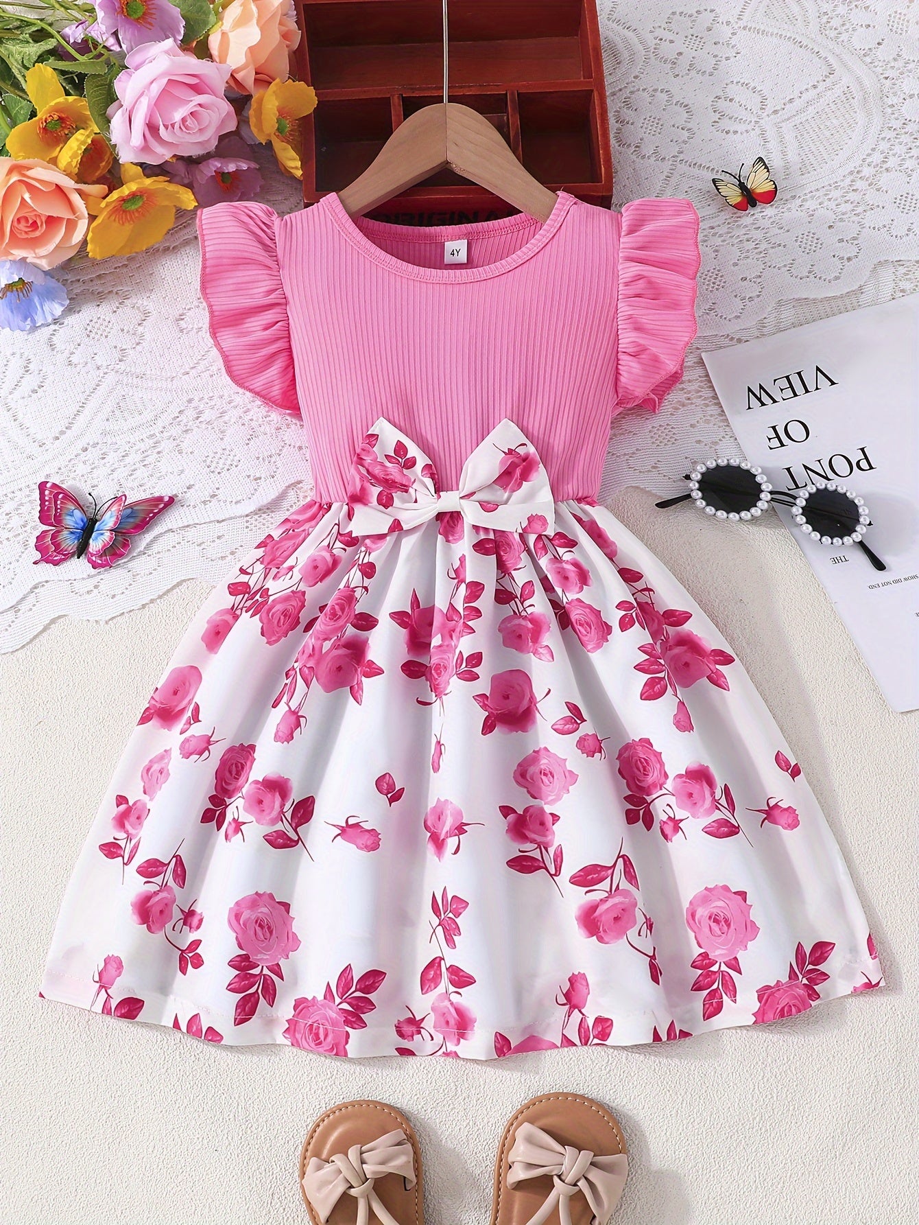 Elegant Rose Spliced Print Ruffle Sleeveless Dress For Girls, Bow Waist Color Spliced Casual Dresses, Gift