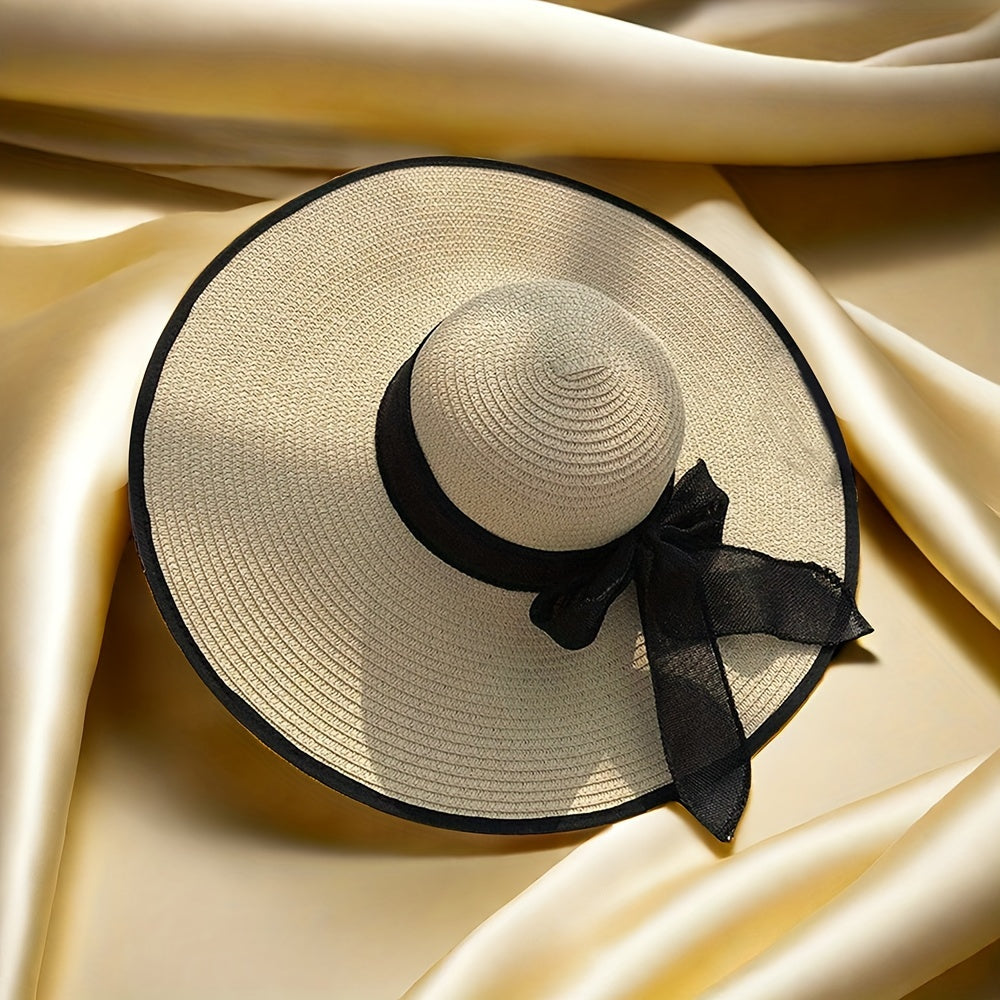 Elegant Wide Brim Straw Sun Hat with Bow - UV Protection, Breathable Summer Beach Cap for Women