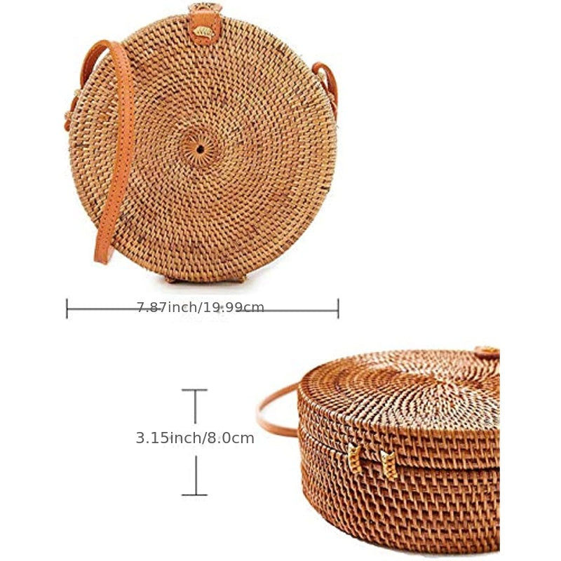 Small Round Straw Bag, Women's Simple Casual Crossbody Bag Versatile Straw Shoulder Bag