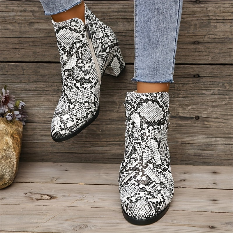 Women's Snakeskin Pattern Chunky Heel Boots, Fashion Side Zipper Short Boots, Comfortable Ankle Boots