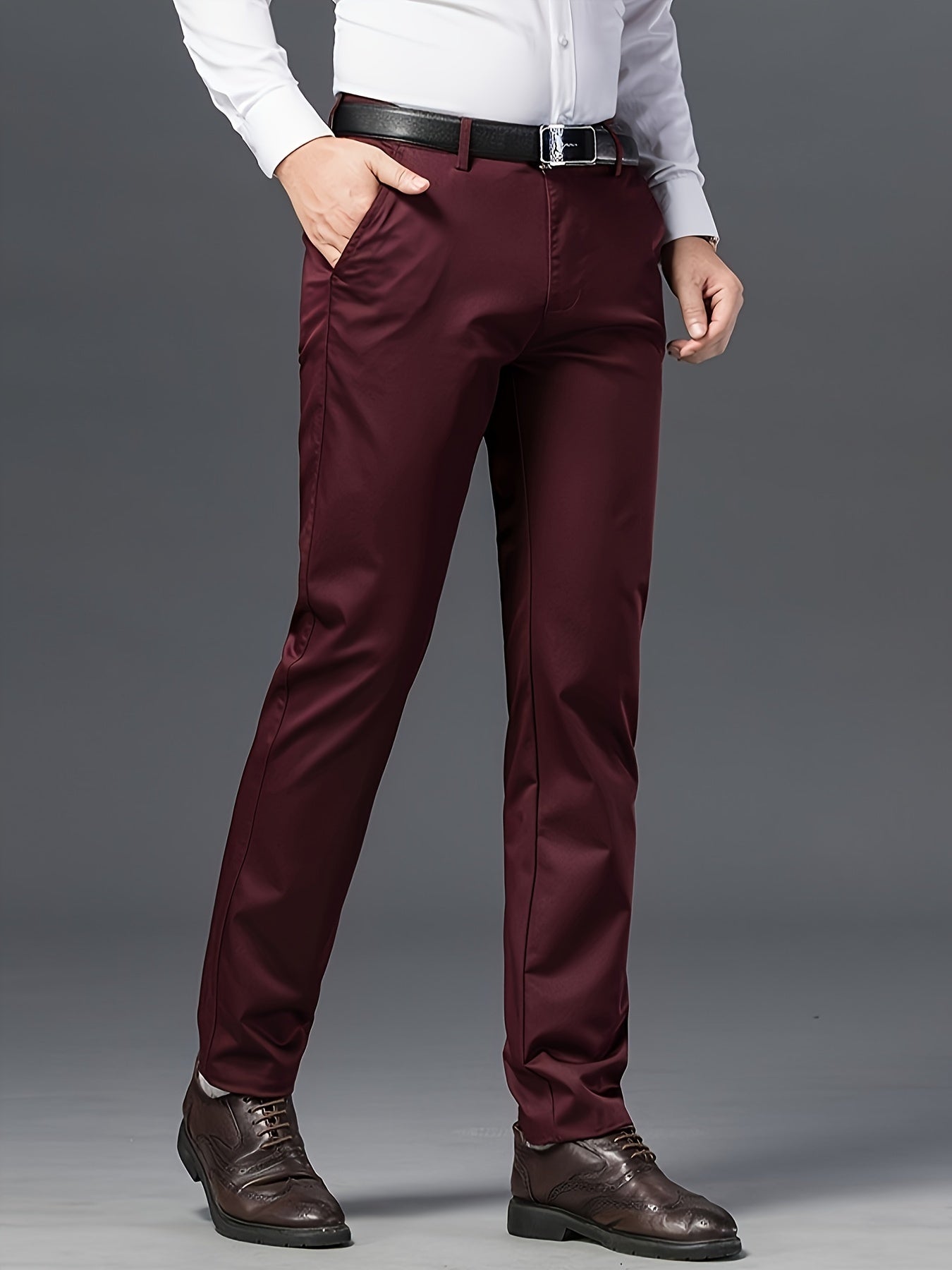 Solid Dress Pants For Men, Lightweight And Comfy Regular Fit And Cuffed Pants For All Seasons Business And Casual Wear