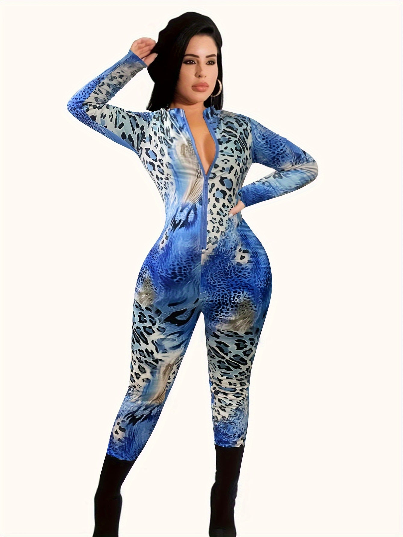 Leopard Pattern Zipper Mock Neck Jumpsuit, Casual Long Sleeve Jumpsuit For Spring & Fall, Women's Clothing