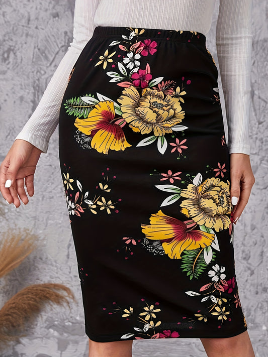 Floral Print High Waist Skirt, Elegant Knee Length Pencil Skirt, Women's Clothing