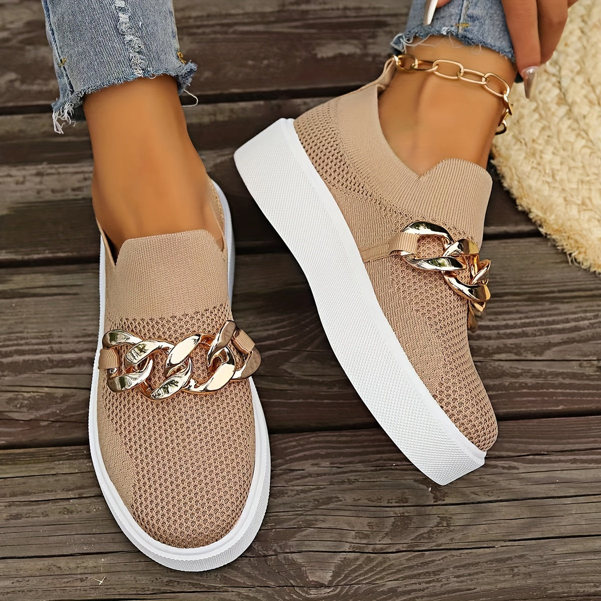 Women's Metallic Chain Sneakers, Slip On Platform Leopard Soft Sole Shoes, Breathable Daily & Sporty Wear