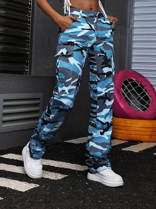 Camo Print Flap Pockets Cargo Pants, Vintage Loose Straight Leg Pants For Spring & Fall, Women's Clothing