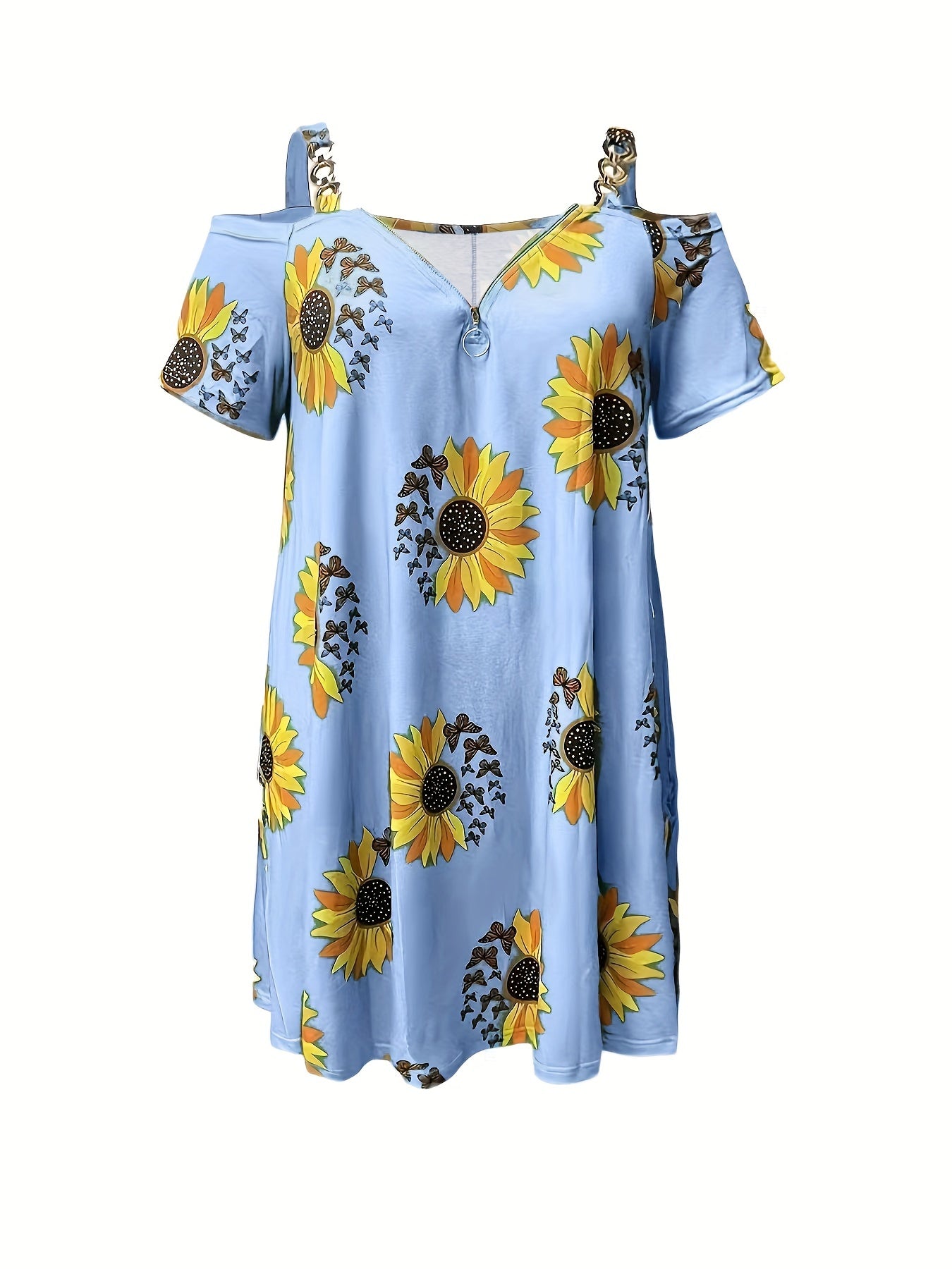 Plus Size Sunflower Print Cold Shoulder Dress, Casual Chain Detail Short Sleeve Dress For Spring & Summer, Women's Plus Size Clothing