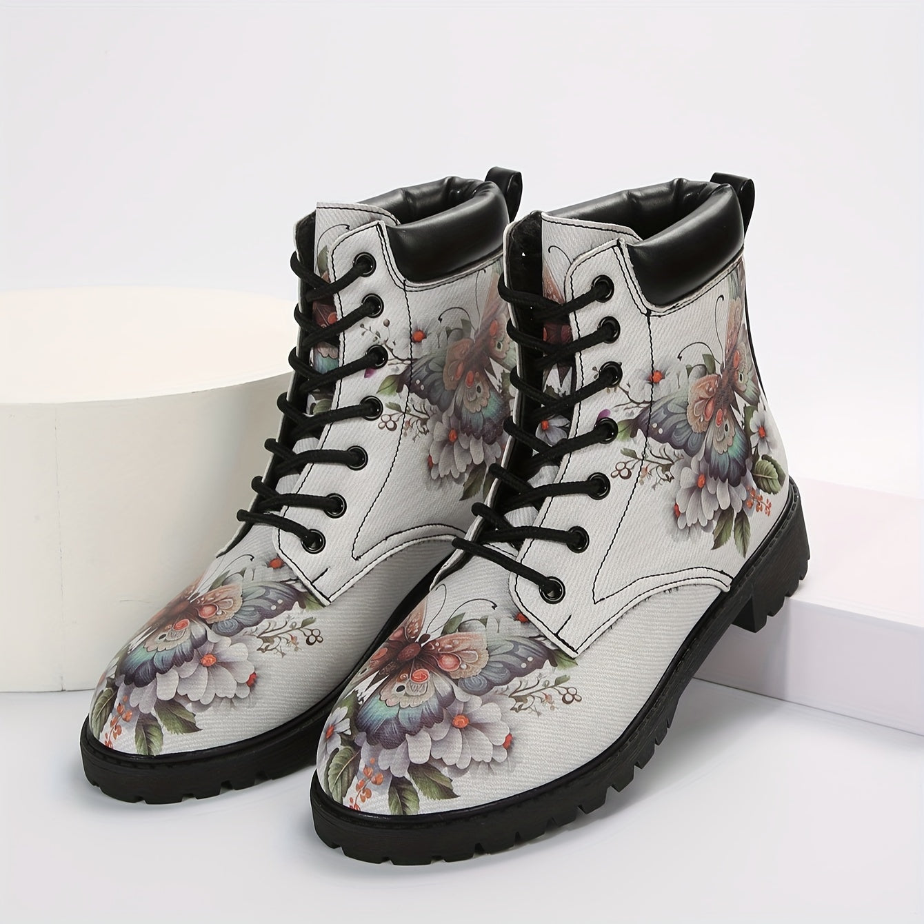 Women's Trendy Butterfly Printed Boots, Fashion Lace Up Short Boots, Women's Comfortable Boots