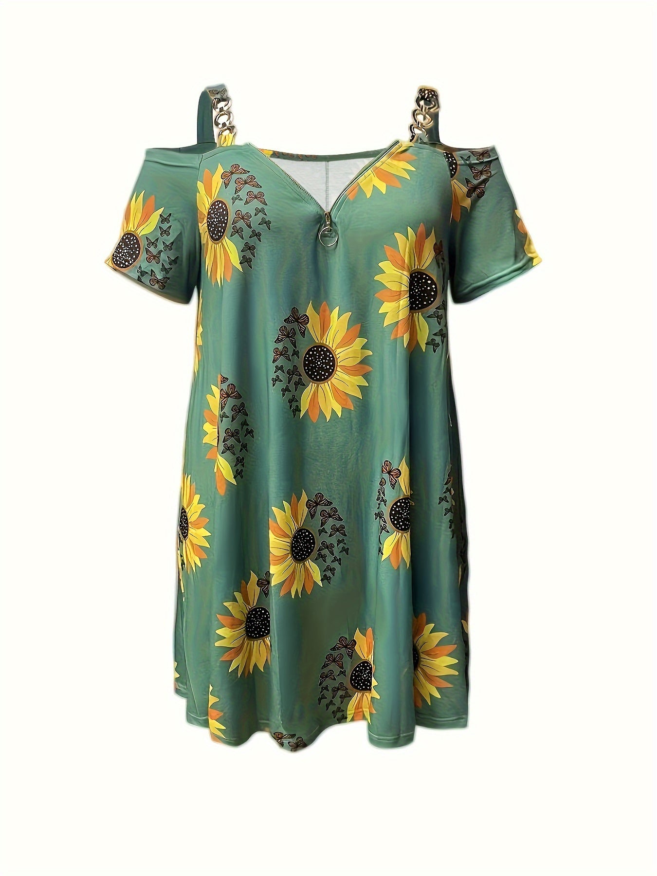 Plus Size Sunflower Print Cold Shoulder Dress, Casual Chain Detail Short Sleeve Dress For Spring & Summer, Women's Plus Size Clothing