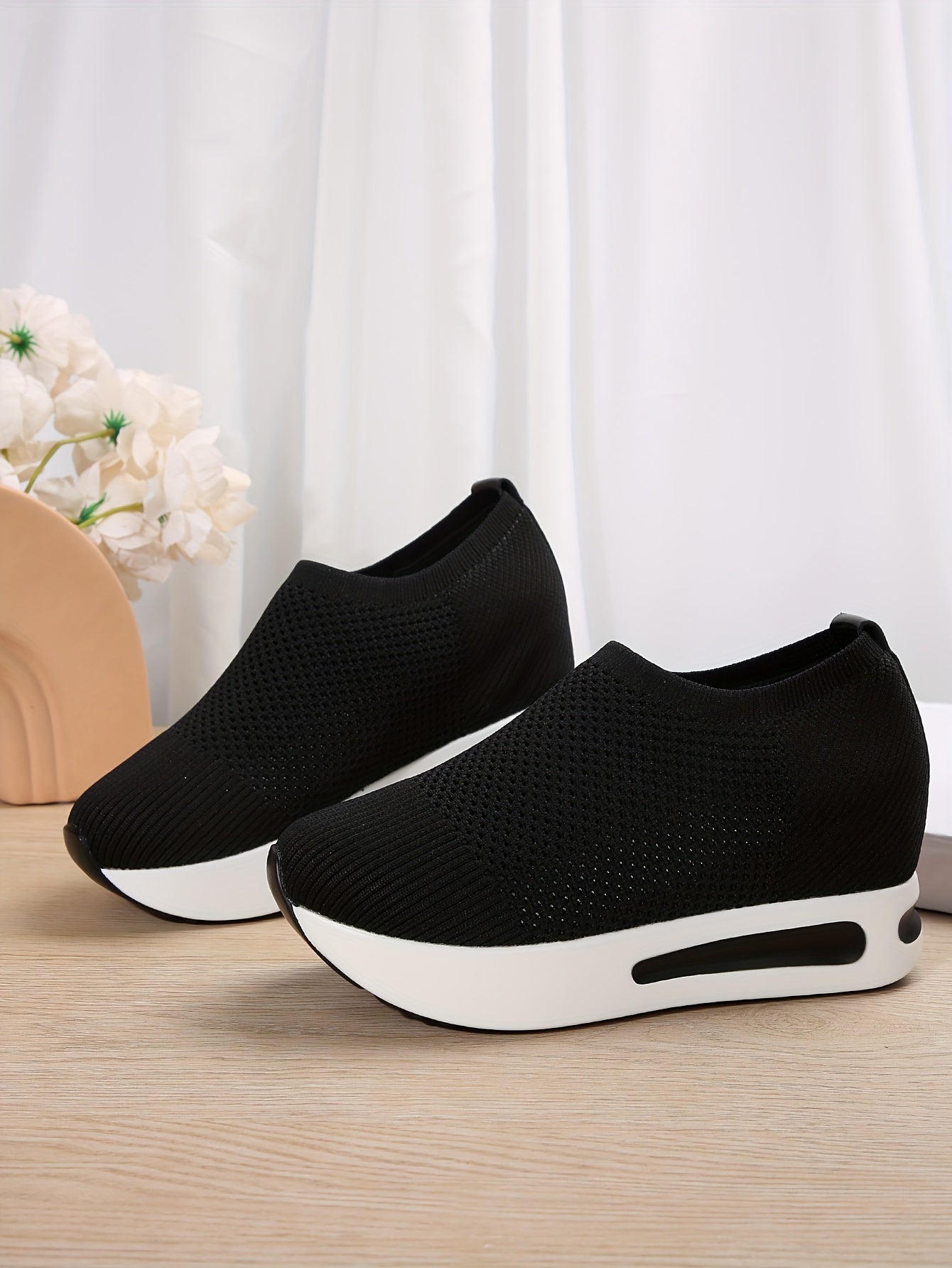 Women's Platform Rocker Sneakers, Breathable Elastic Knitted Slip On Trainers, Casual Outdoor Walking Shoes