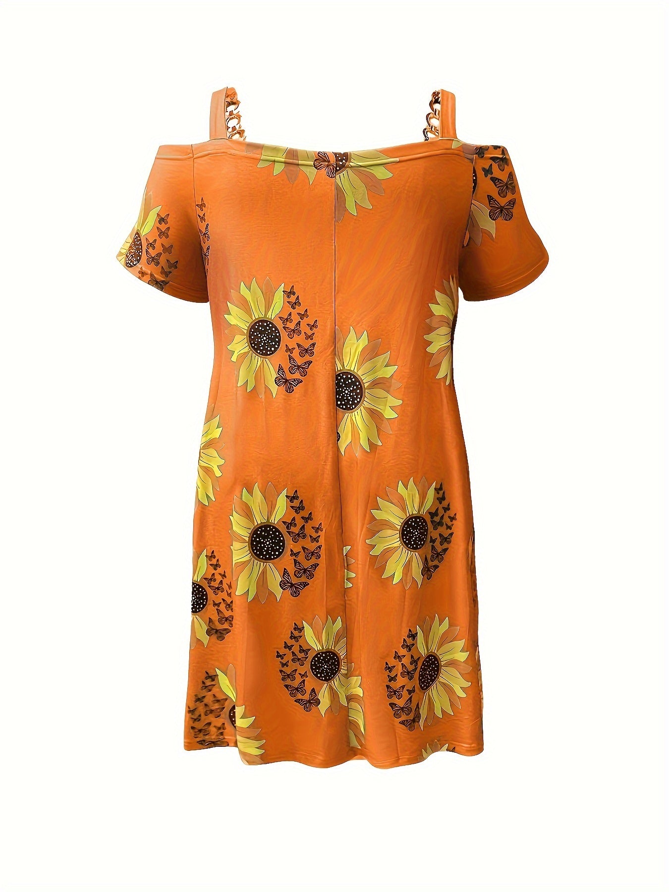 Plus Size Sunflower Print Cold Shoulder Dress, Casual Zipper Short Sleeve Dress For Spring & Summer, Women's Plus Size Clothing