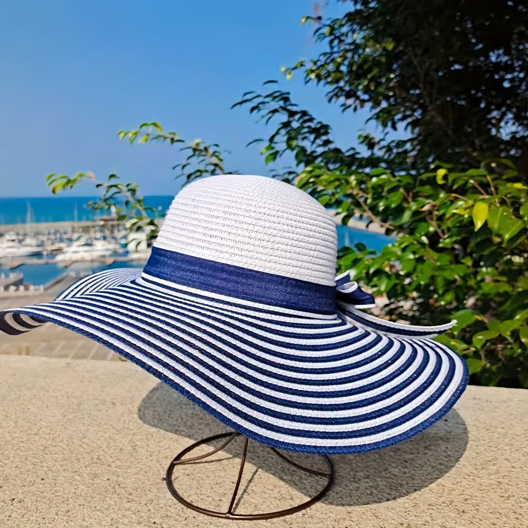 Classic Striped Bowknot Straw Hat Blue & White Wide Brim Hats Elegant Foldable Floppy Sun Hats Outdoor UV Protection Beach Hats For Women