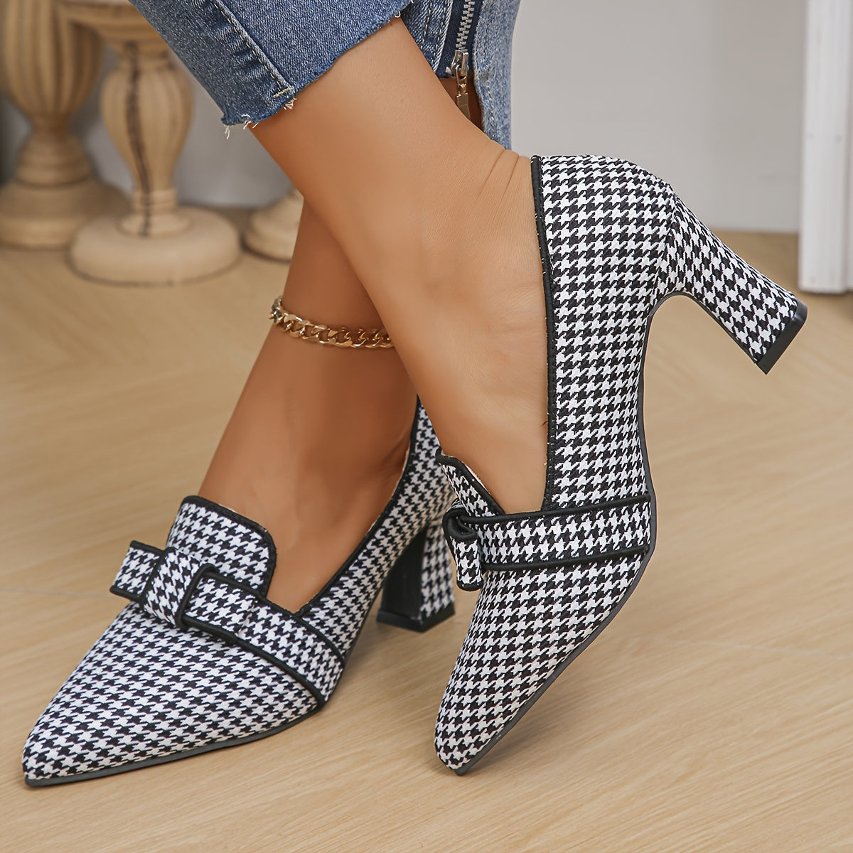 Women's Houndstooth Pattern Pumps, Bow Pointed Toe Block High Heels, All-Match Office Work Shoes