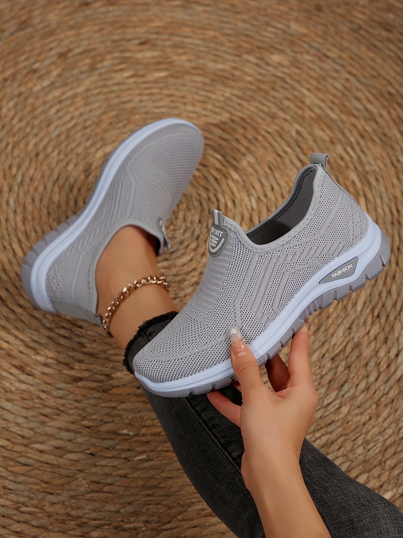 Women's Breathable Knit Sneakers, Casual Slip On Outdoor Shoes, Comfortable Low Top Shoes