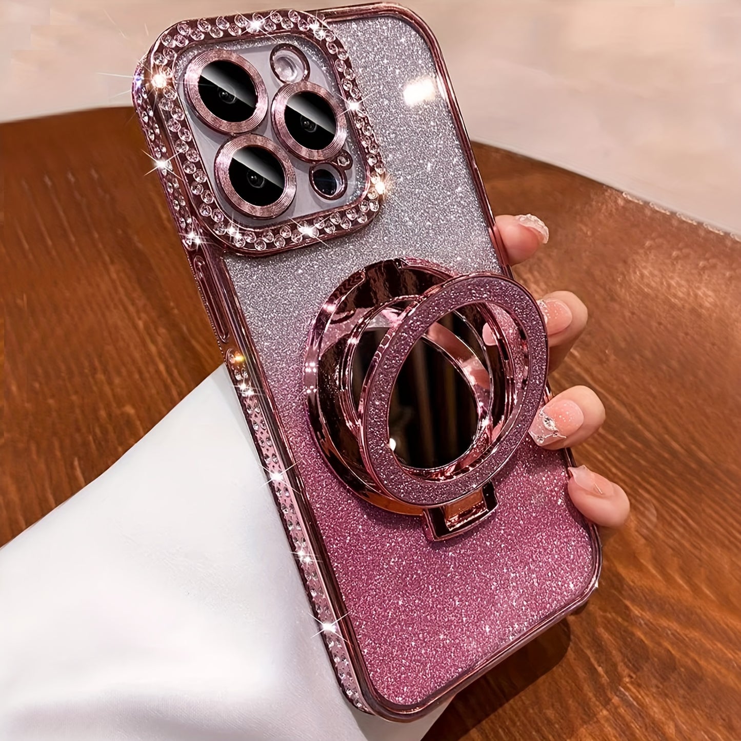 New Luxury High-Grade Glitter Double Row Diamond Mirror Magnetic Bracket All-Inclusive Lens Mobile Phone Case Suitable for Apple for Iphone 16 15 14 13 12 11 Pro Max / Niche Transparent Anti-Fall Soft Glue Protective Back Cov