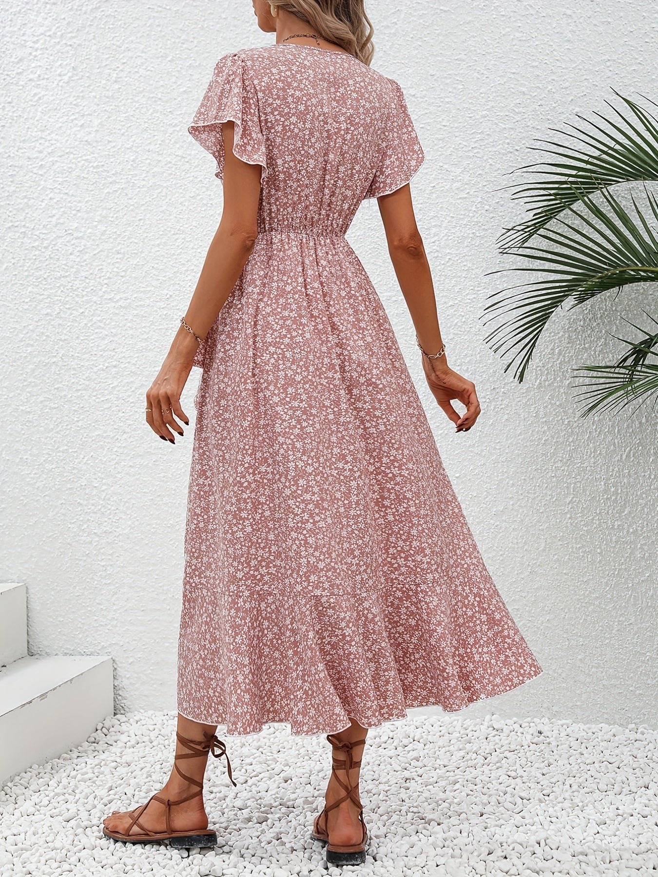 Floral Print Surplice Neck Tied Dress, Casual Flutter Sleeve Ruffle Hem Dress For Spring & Summer, Women's Clothing