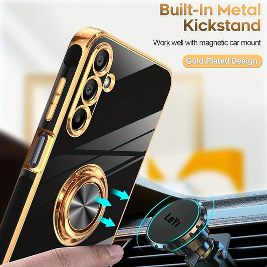 Case For SamSung For Galaxy A15 5G with Tempered Glass Screen Protector [1 Piece], 360° Rotatable Ring Holder, Magnetic Kickstand, and Plating Rose Golden Edge