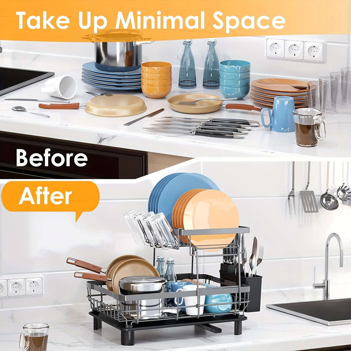 2-layer bowl and dish drying rack suitable for kitchen counter metal bowl and dish drain with knife cup tableware rack