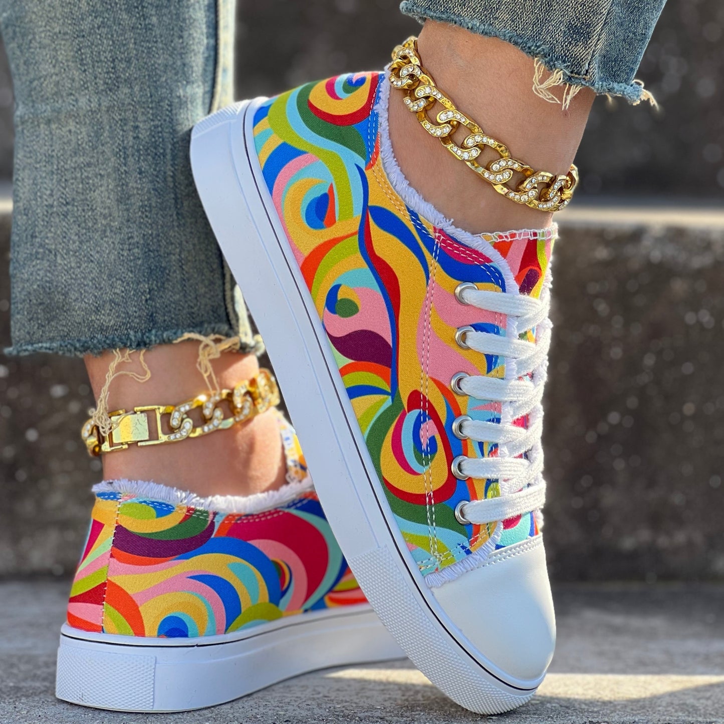 Women's Rainbow Print Sneakers, Lace Up Lightweight Walking Skate Shoes, Low-top Comfort Canvas Shoes