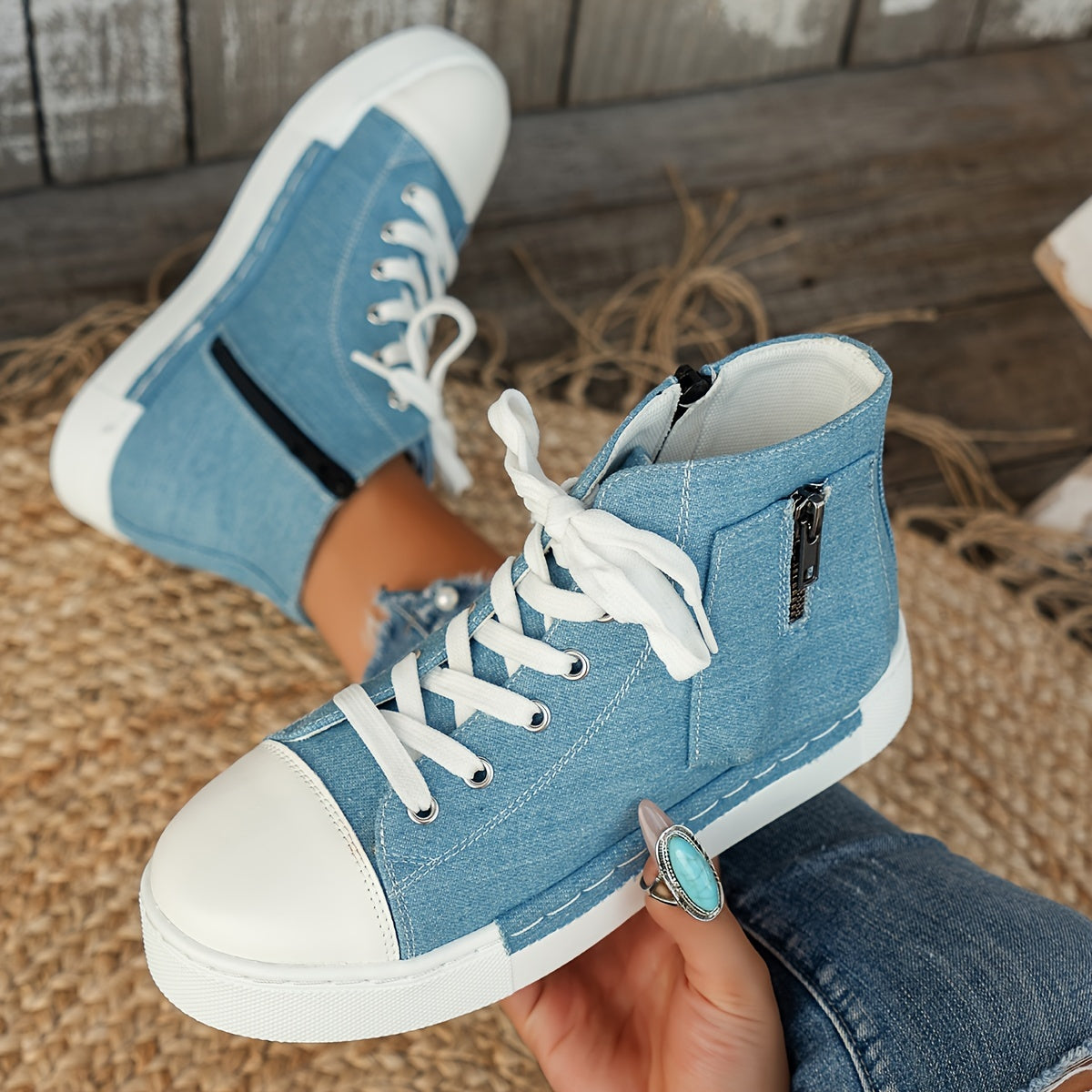 Women's Denim Platform Sneakers, Casual Lace Up Outdoor Shoes, Comfortable Side Zipper Shoes