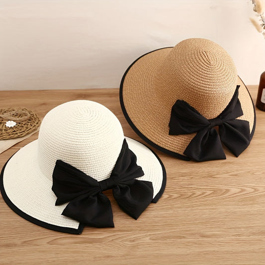 Black Bowknot Straw Hat Elegant Solid Coor French Style Sun Hats Trendy Travel Beach Hats For Women daily uses Summer Outdoor